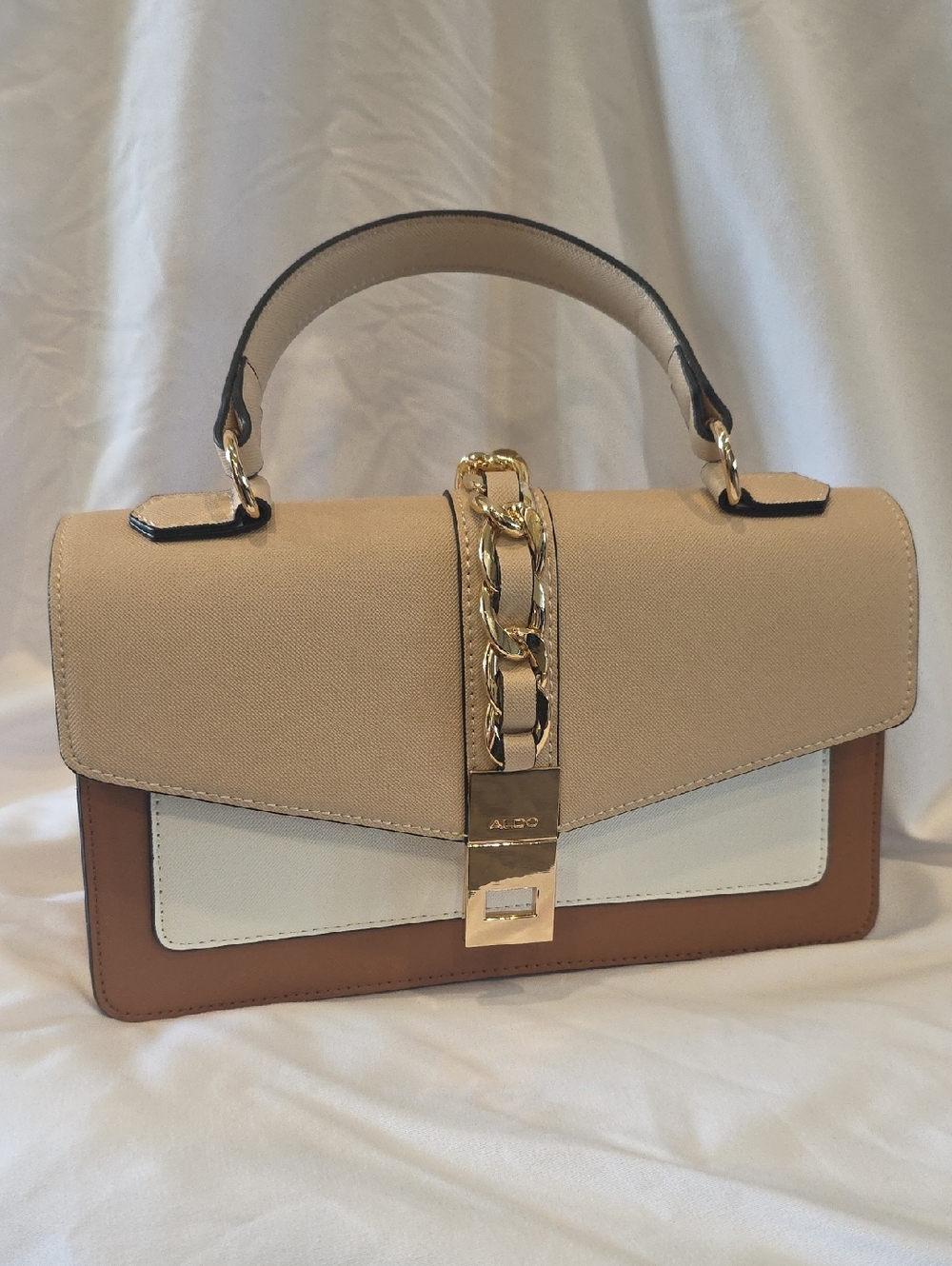 ALDO Beige, White & Brown Chain-Accent Top Handle Satchel